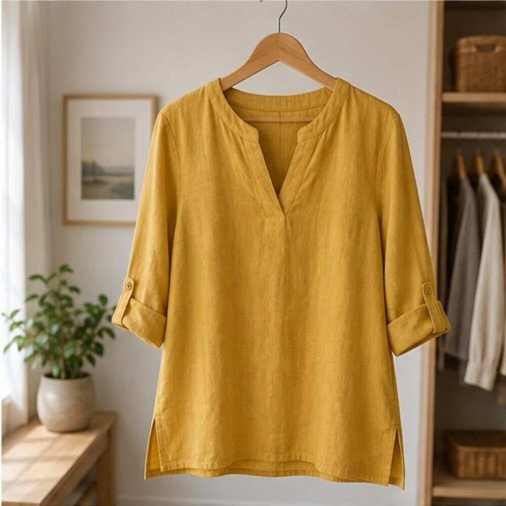 Mustard Linen Notch Neck Blouse